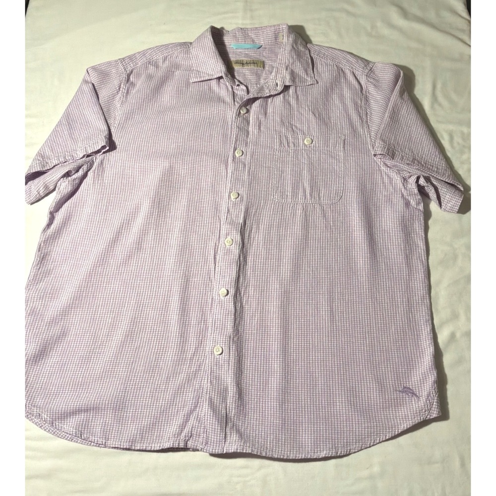 Tommy Bahama Mens XL Purple Gingham Linen Blend Short Sleeve Button Down Shirt